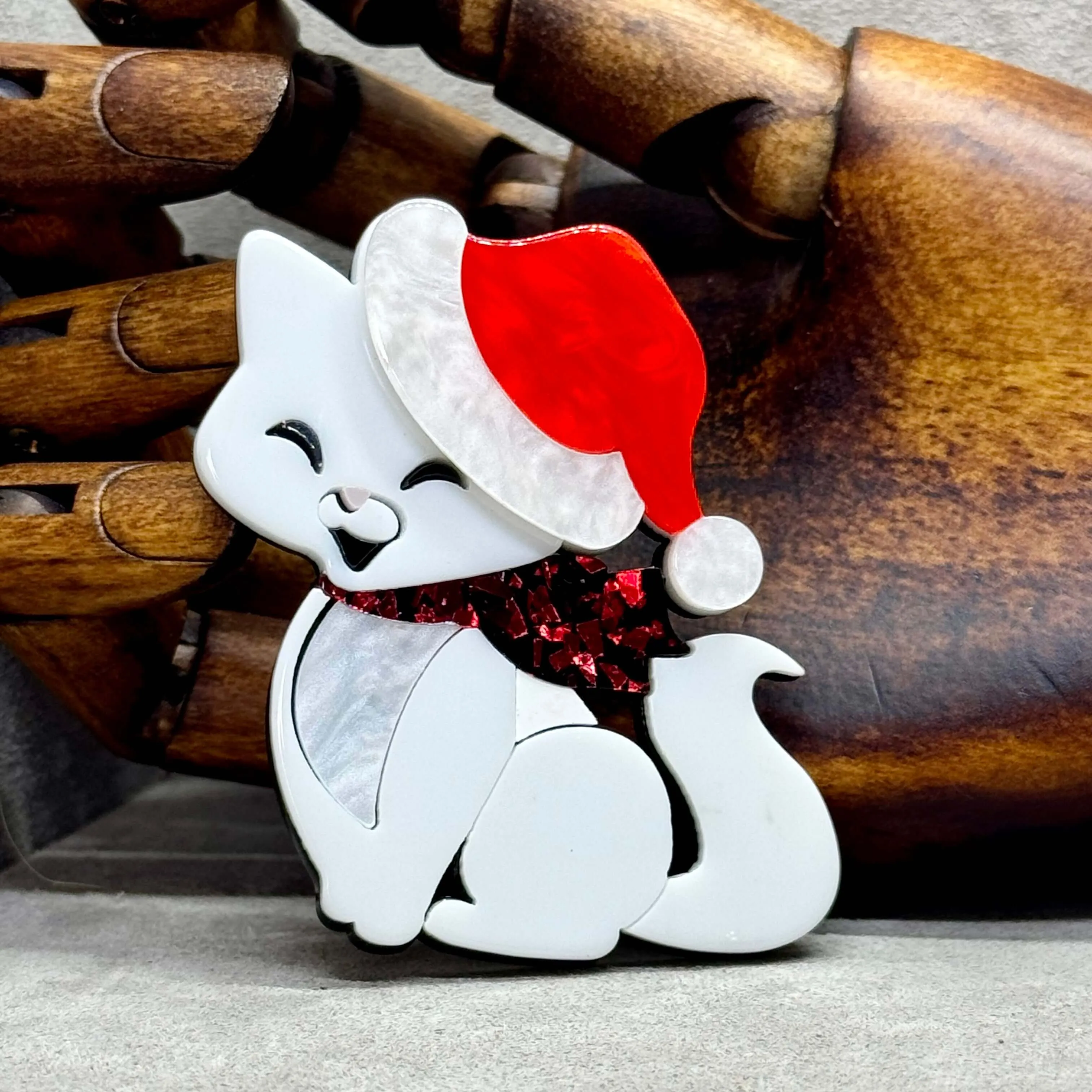 Handmade Acrylic Art Brooch - The Festive Feline Cat