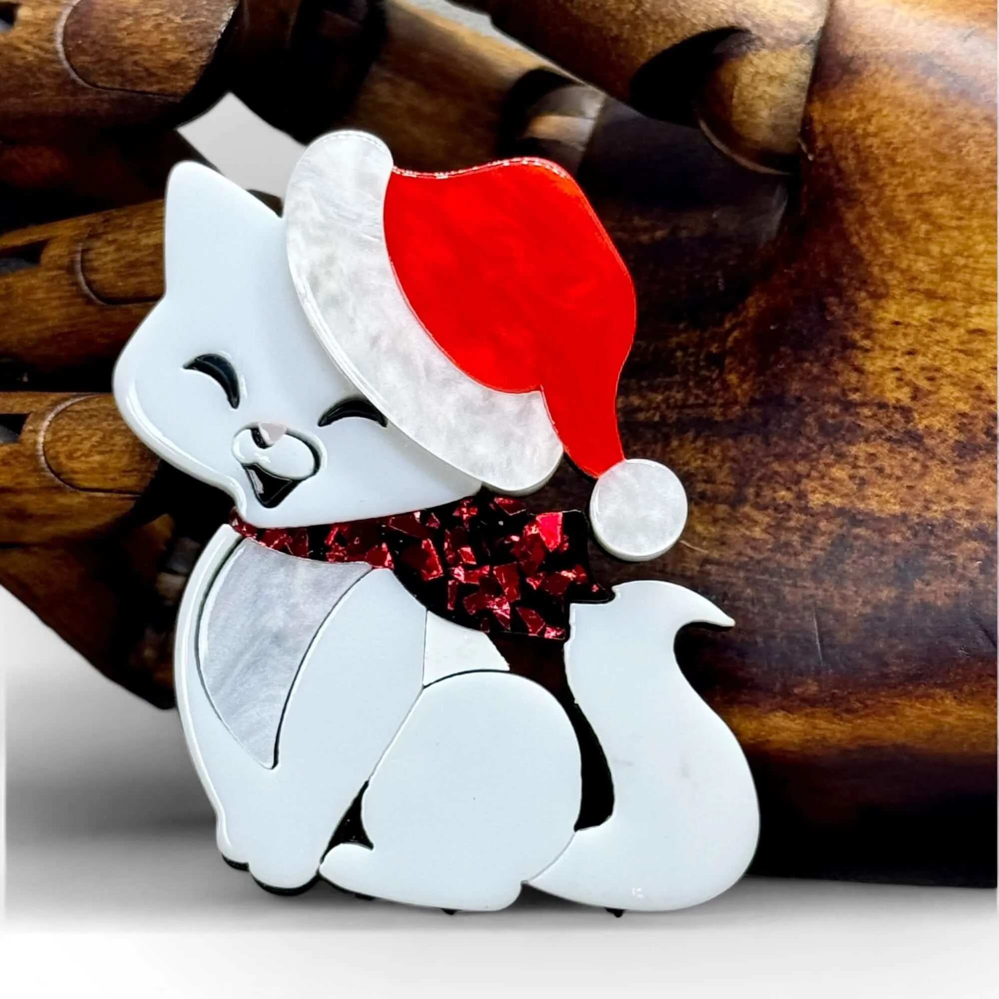 Handmade Acrylic Art Brooch - The Festive Feline Cat