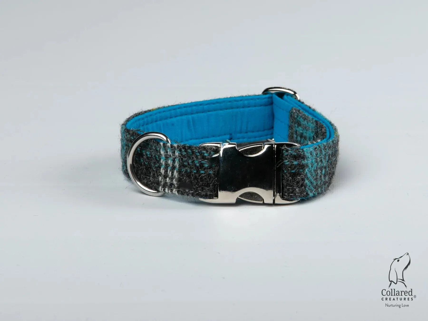Harris Tweed Grey and Blue Check Luxury Dog Collar