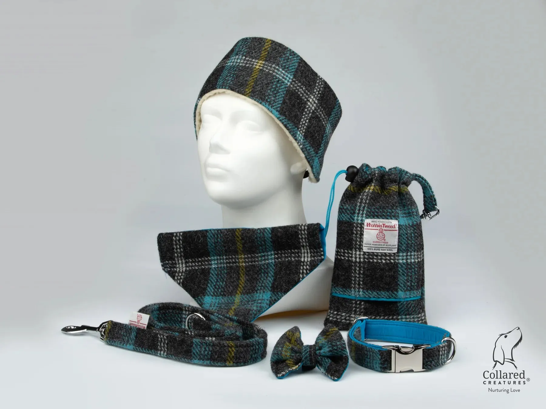 Harris Tweed Grey and Blue Check Luxury Dog Collar