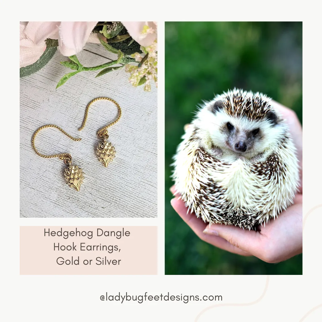 Hedgehog Dangle Hook Earrings, Gold or Silver