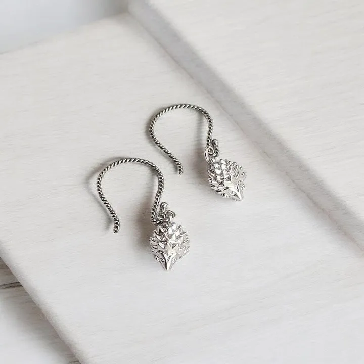 Hedgehog Dangle Hook Earrings, Gold or Silver