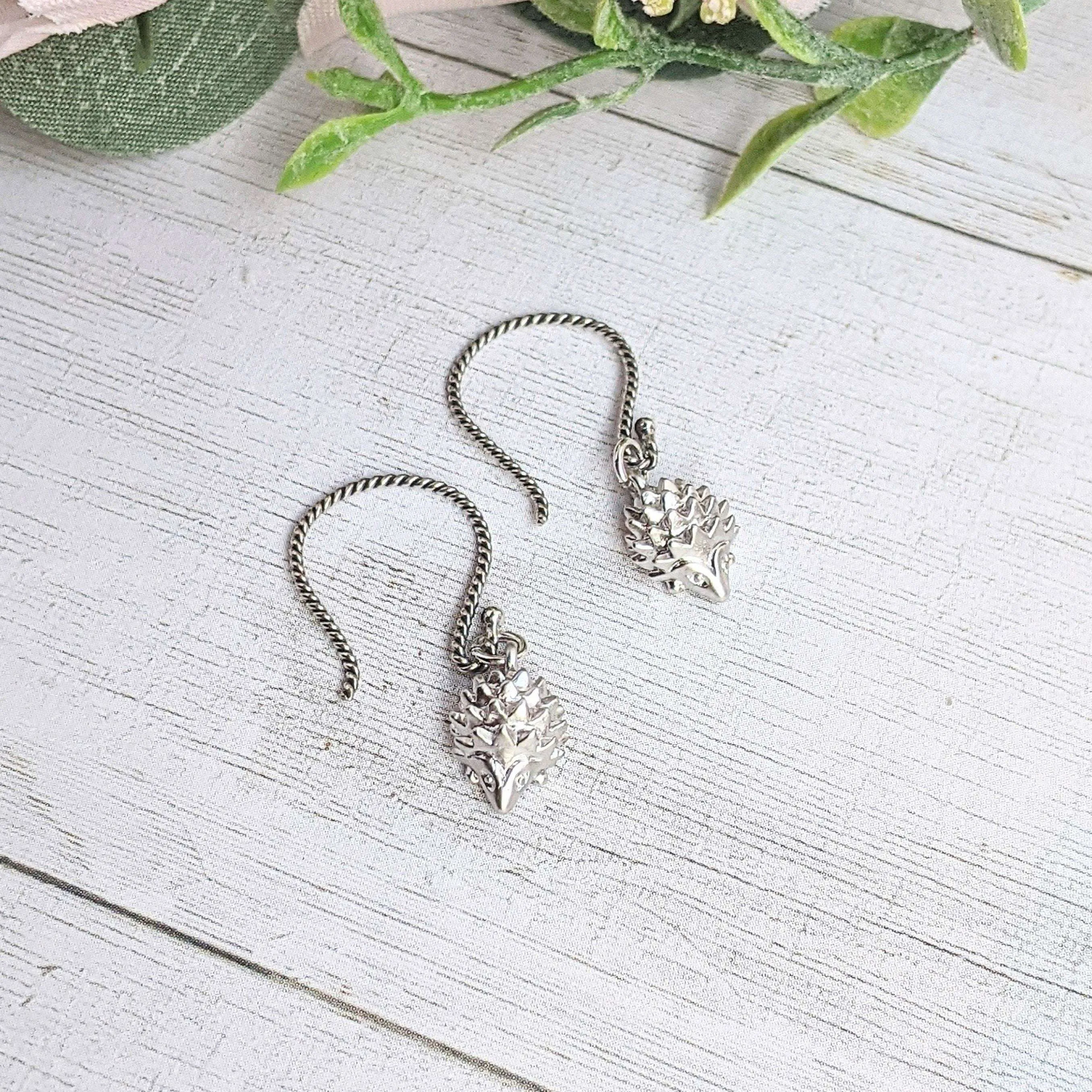Hedgehog Dangle Hook Earrings, Gold or Silver