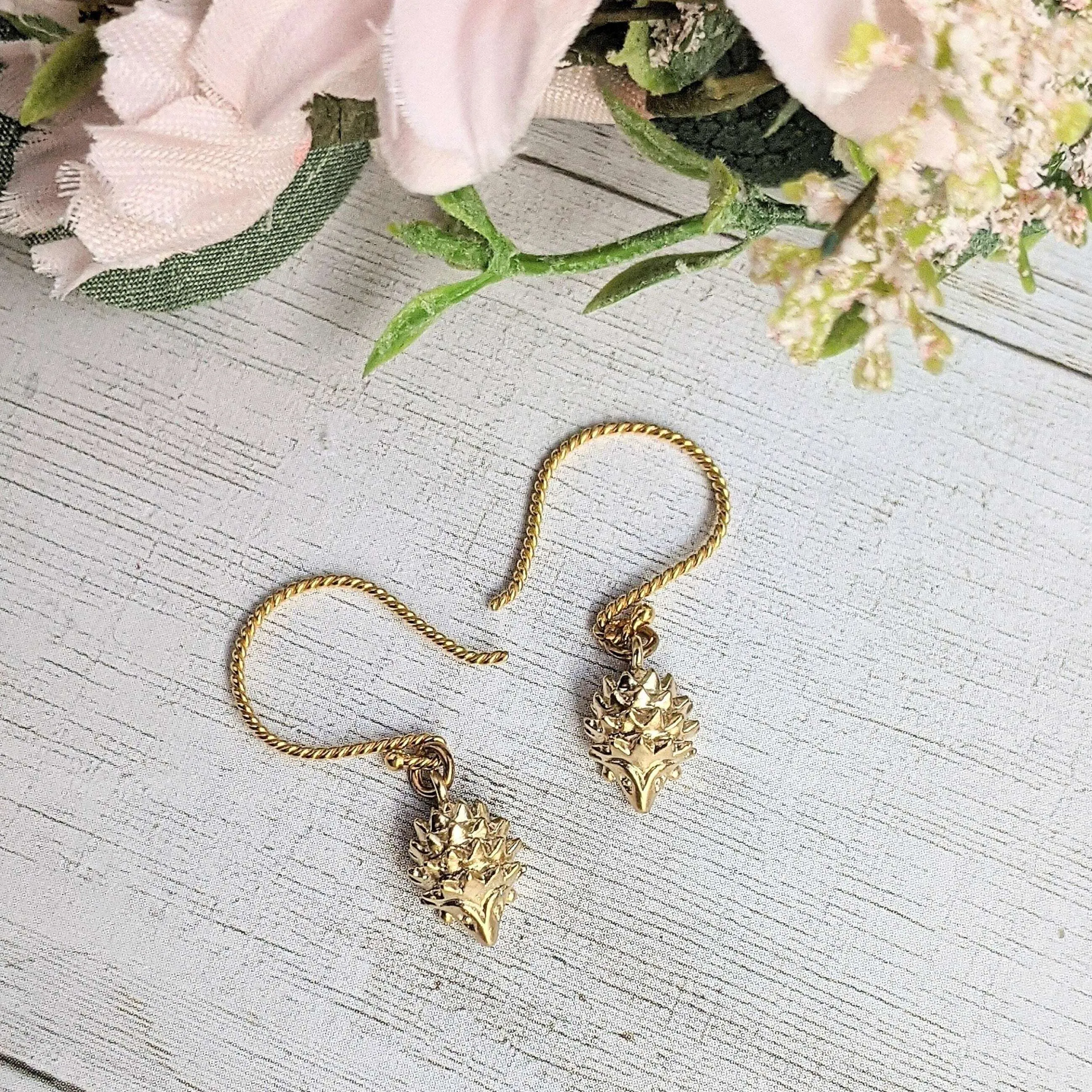 Hedgehog Dangle Hook Earrings, Gold or Silver
