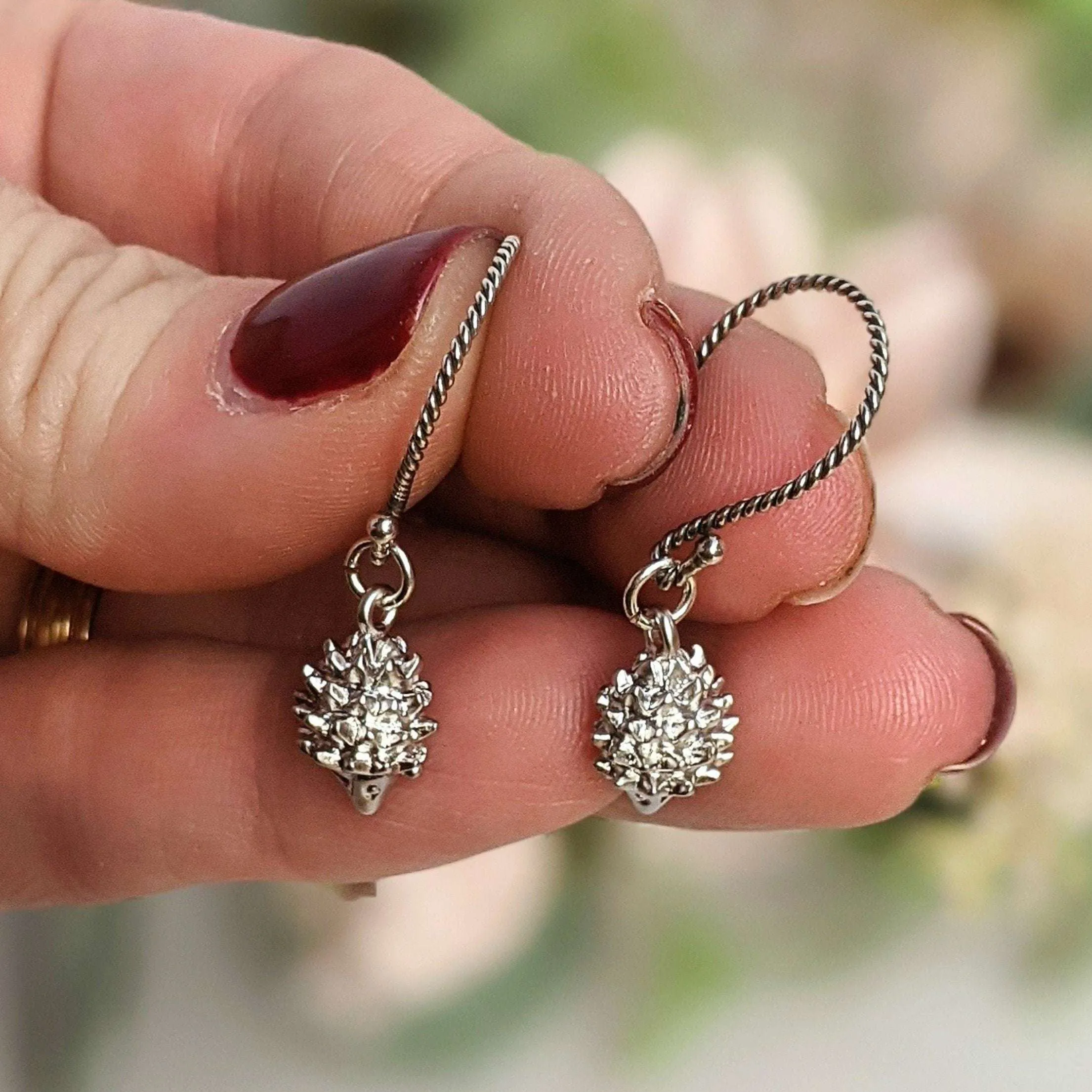 Hedgehog Dangle Hook Earrings, Gold or Silver