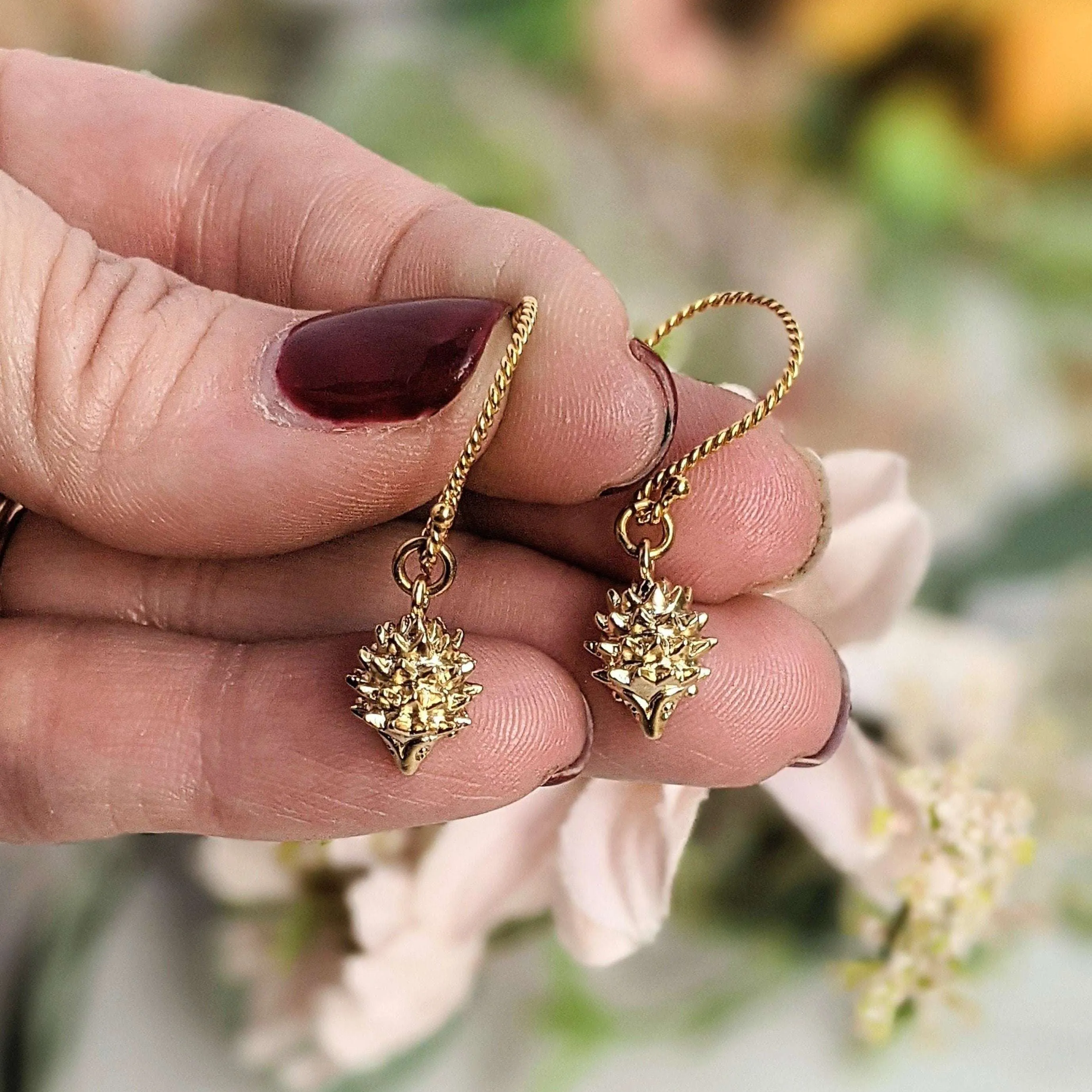 Hedgehog Dangle Hook Earrings, Gold or Silver