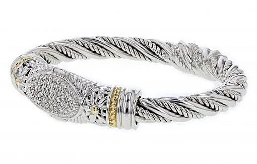 Italian sterling silver bangle  bracelet with 0.50ct. diamonds and solid 14K yellow gold accent