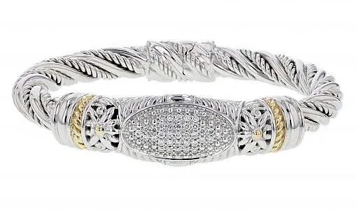 Italian sterling silver bangle  bracelet with 0.50ct. diamonds and solid 14K yellow gold accent