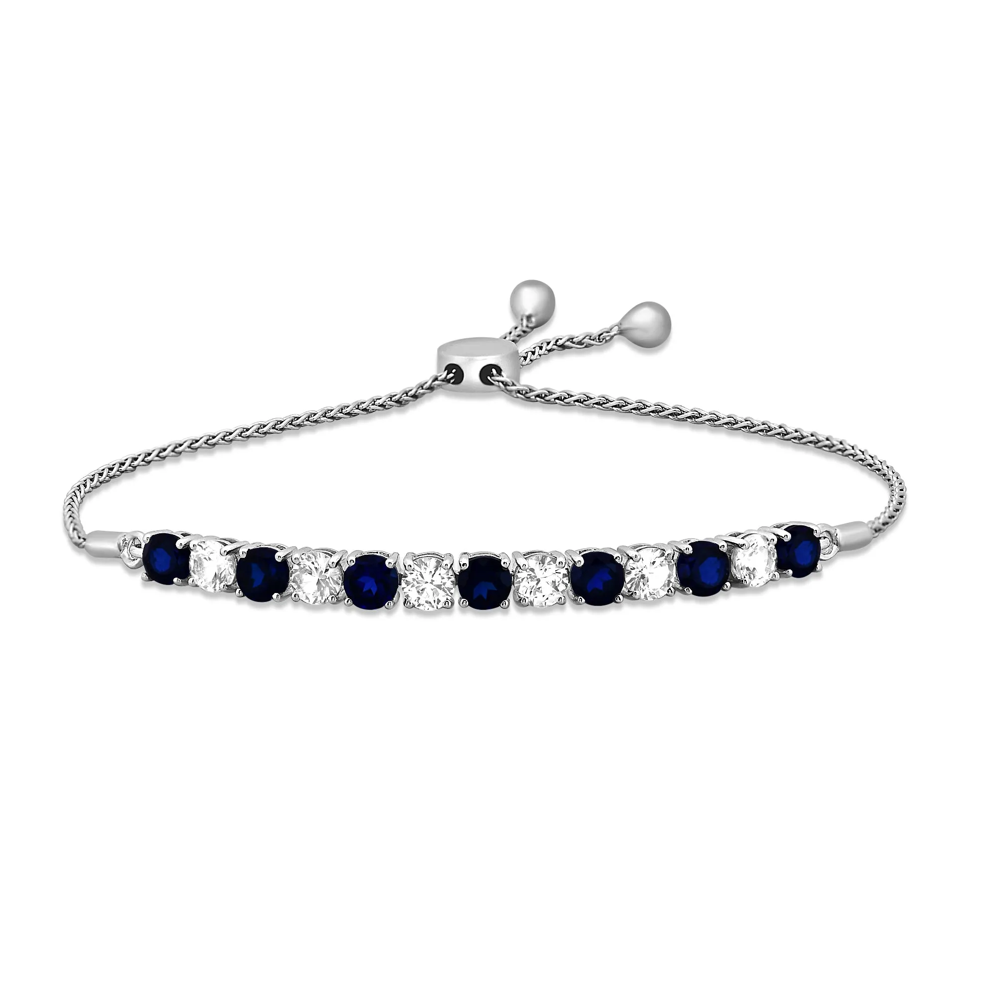 Jewelili Sterling Silver Round Created Blue Sapphire and Created White Sapphire Bolo Bracelet