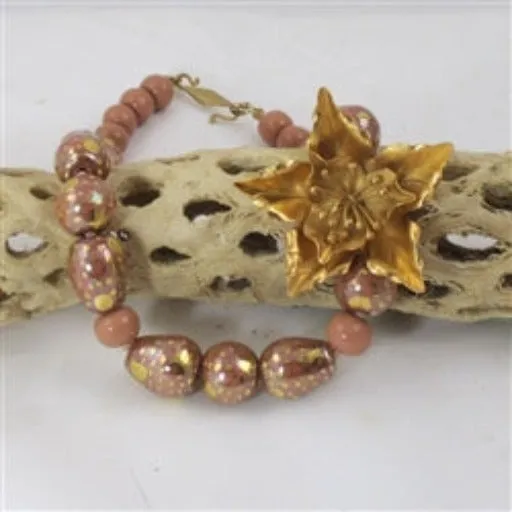 Kazuri Necklace in Rainbow Melon with Gold Flower