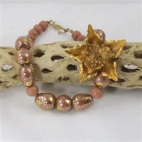 Kazuri Necklace in Rainbow Melon with Gold Flower