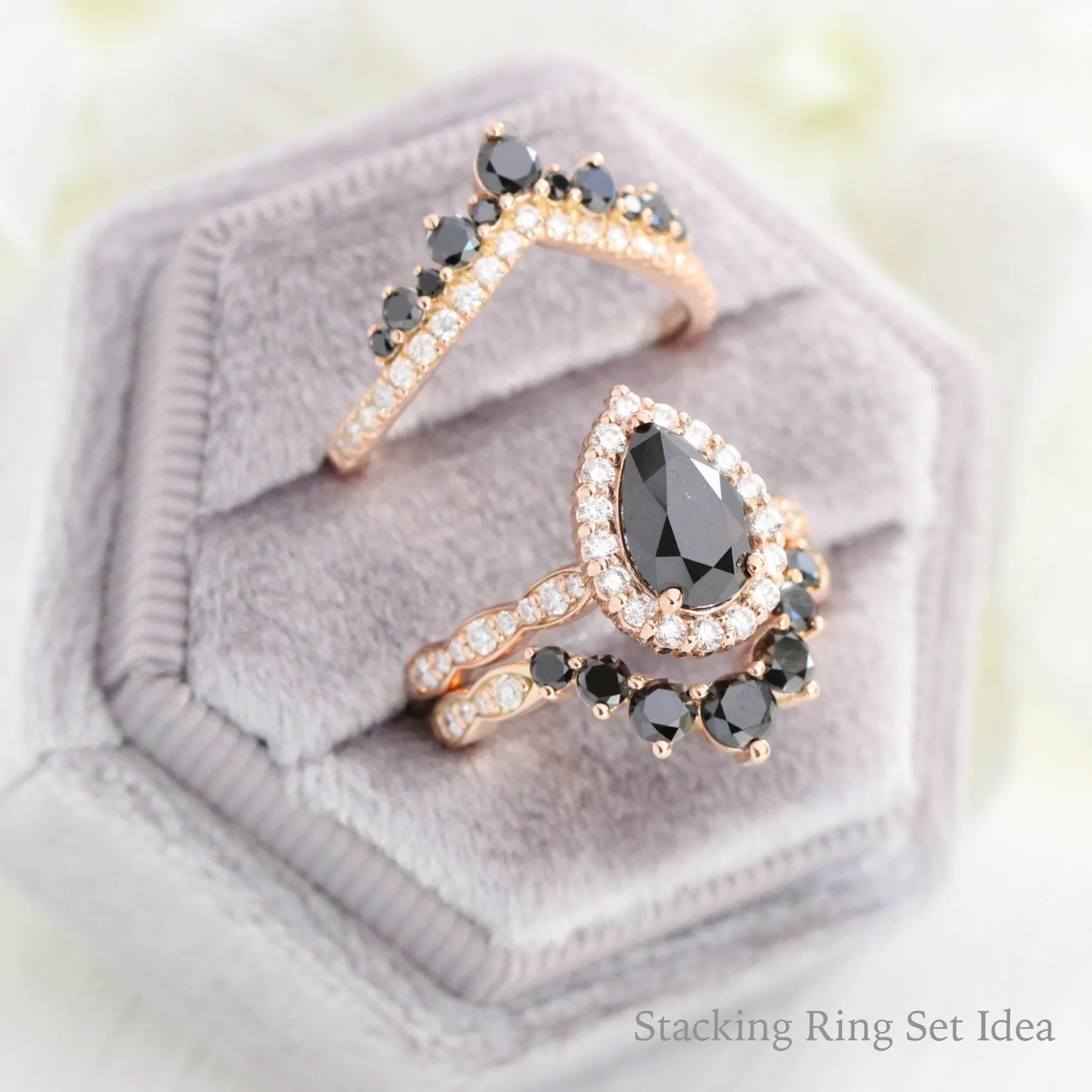 Large 7 Black Diamond Wedding Ring in Deep U Shaped Scalloped Band