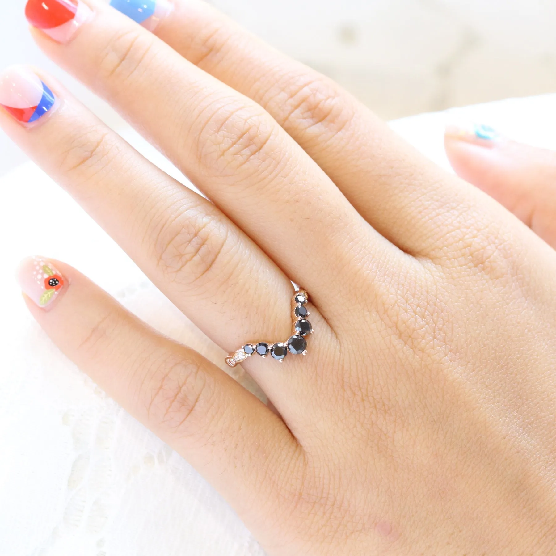 Large 7 Black Diamond Wedding Ring in Deep U Shaped Scalloped Band