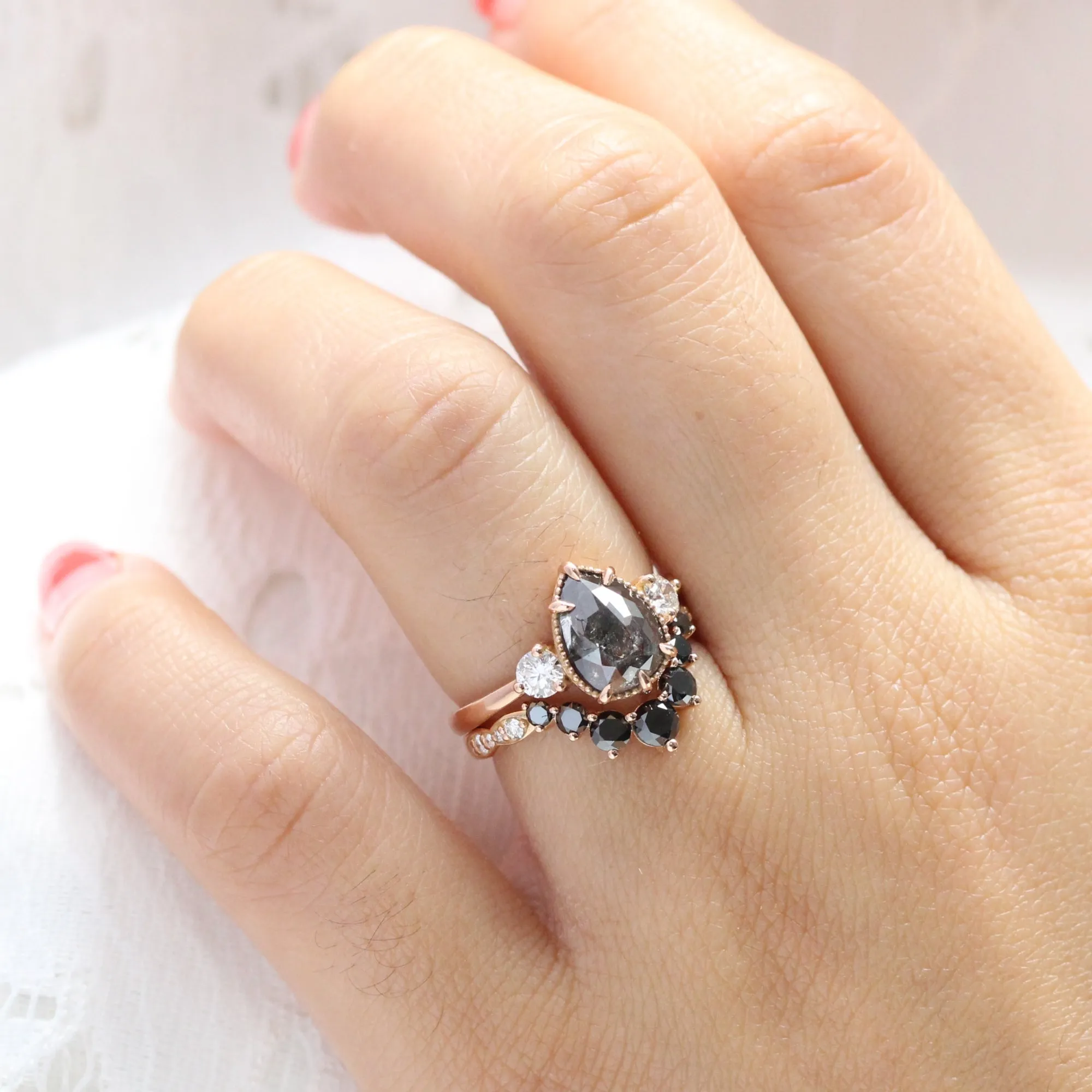 Large 7 Black Diamond Wedding Ring in Deep U Shaped Scalloped Band