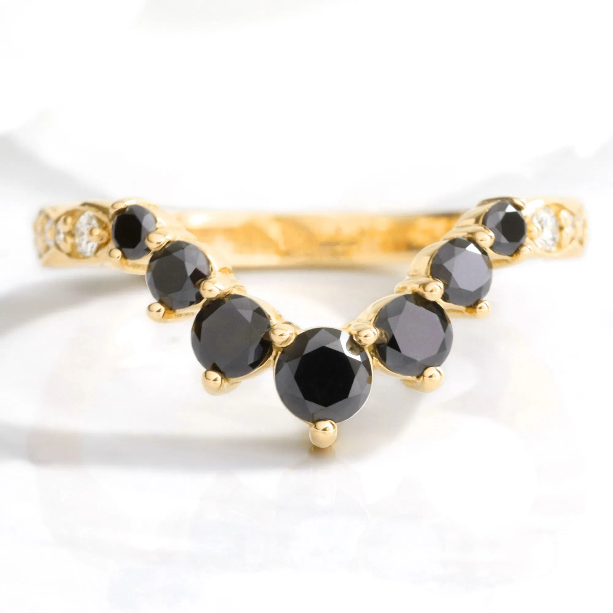 Large 7 Black Diamond Wedding Ring in Deep U Shaped Scalloped Band