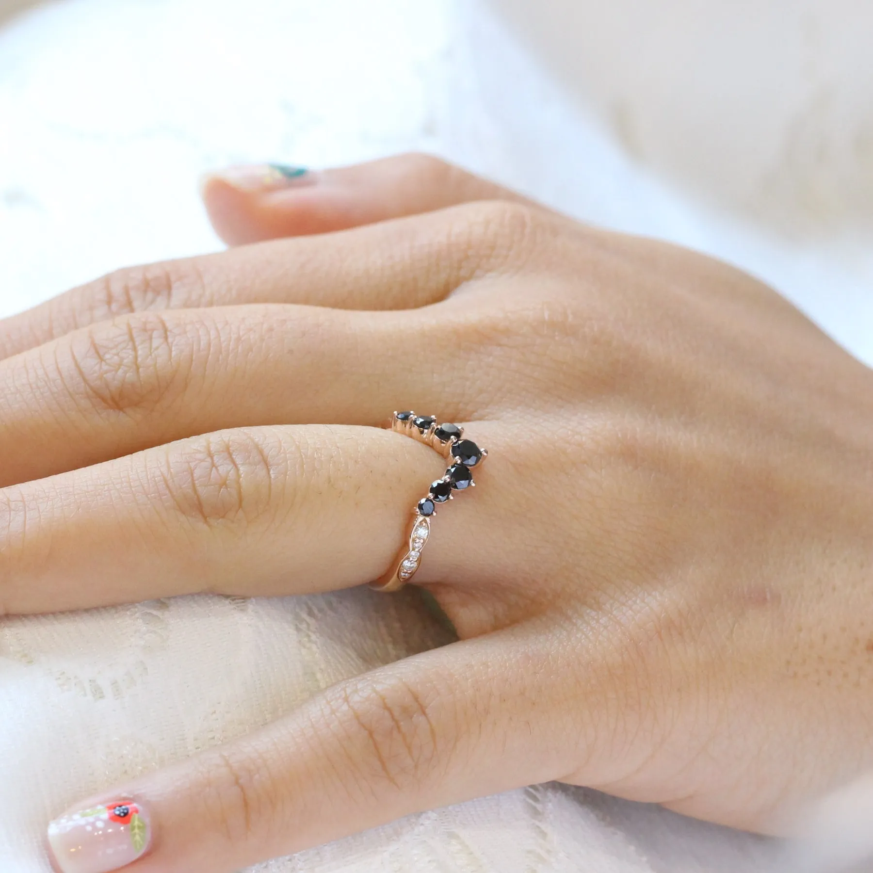 Large 7 Black Diamond Wedding Ring in Deep U Shaped Scalloped Band