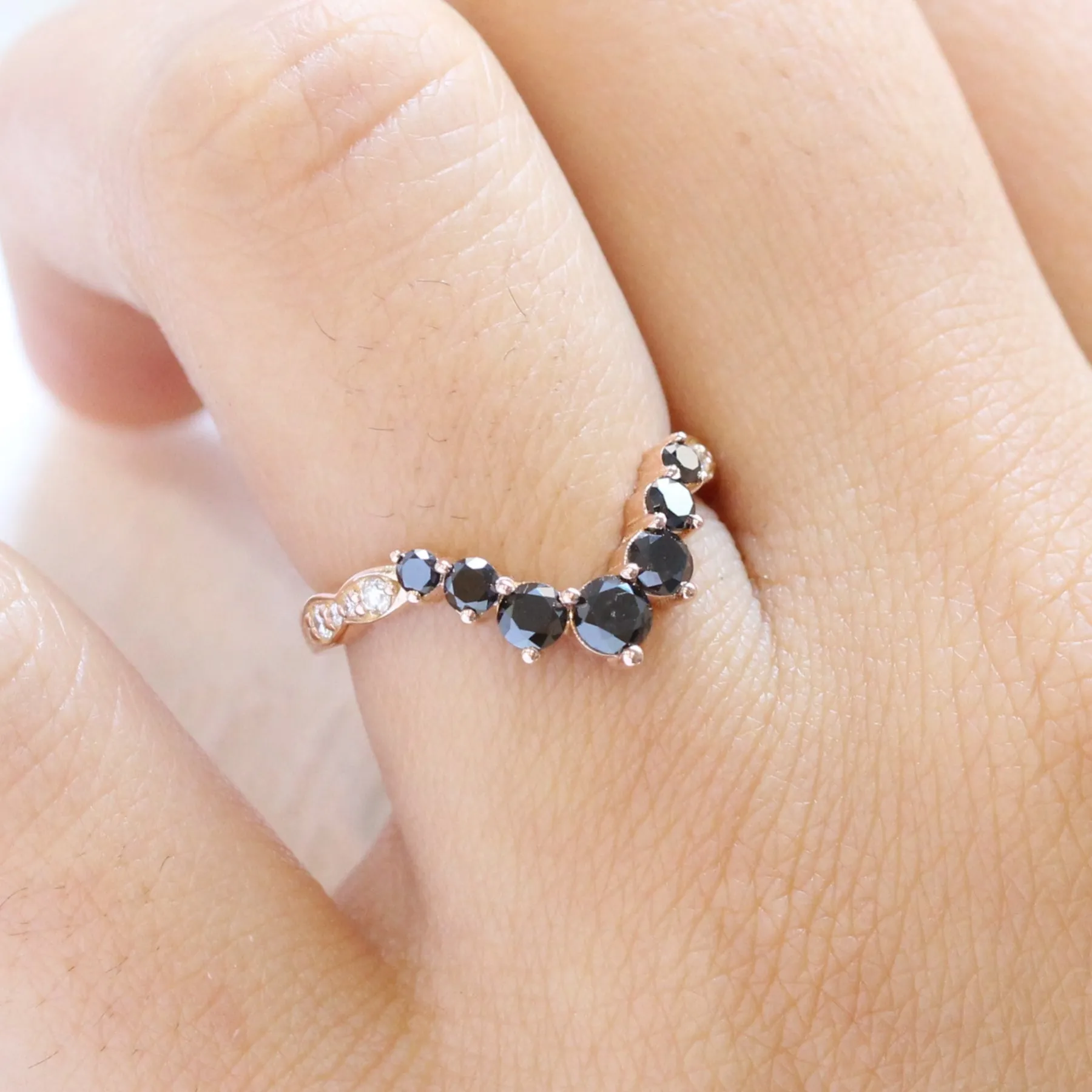 Large 7 Black Diamond Wedding Ring in Deep U Shaped Scalloped Band