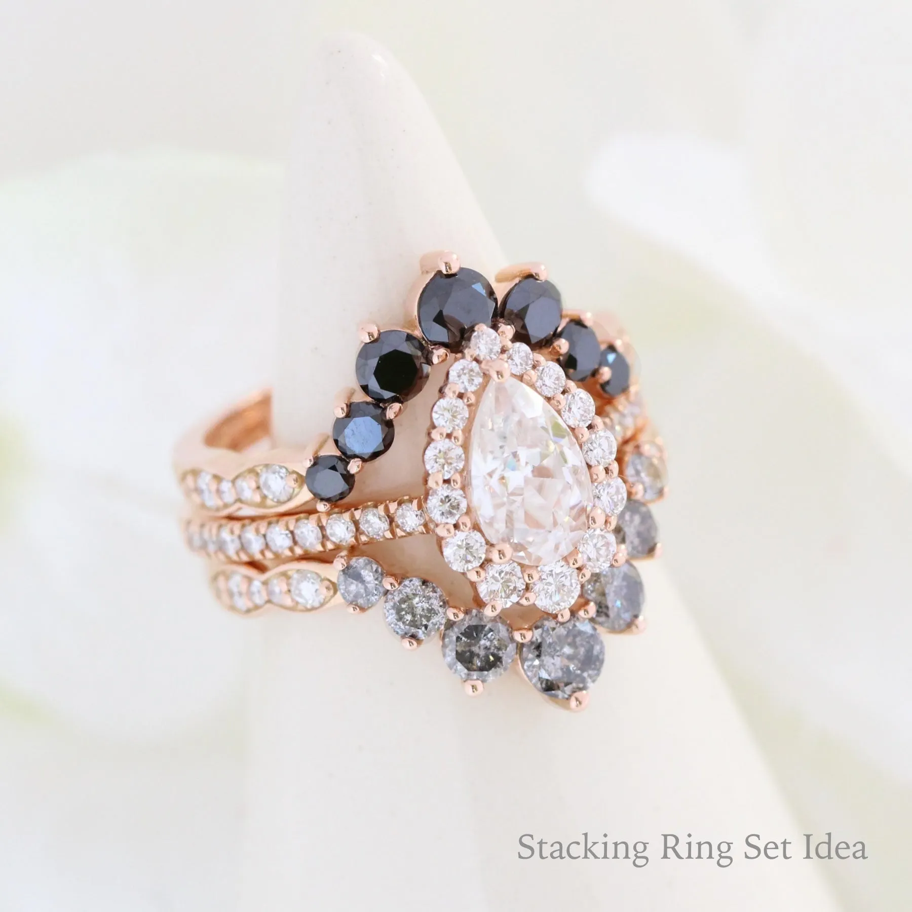 Large 7 Black Diamond Wedding Ring in Deep U Shaped Scalloped Band