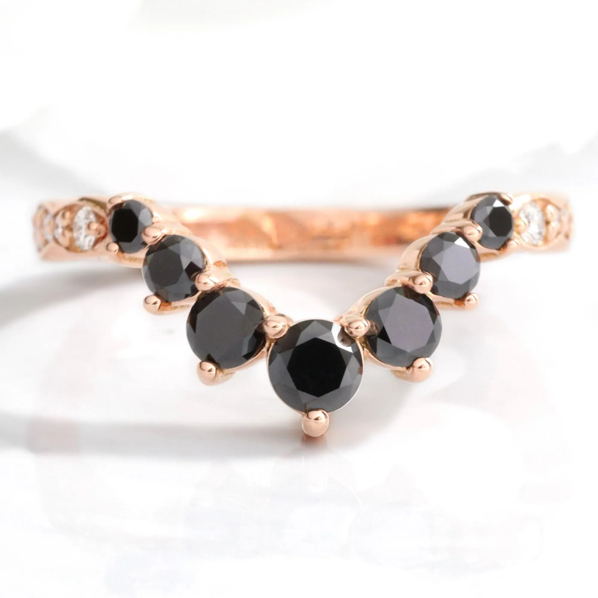 Large 7 Black Diamond Wedding Ring in Deep U Shaped Scalloped Band