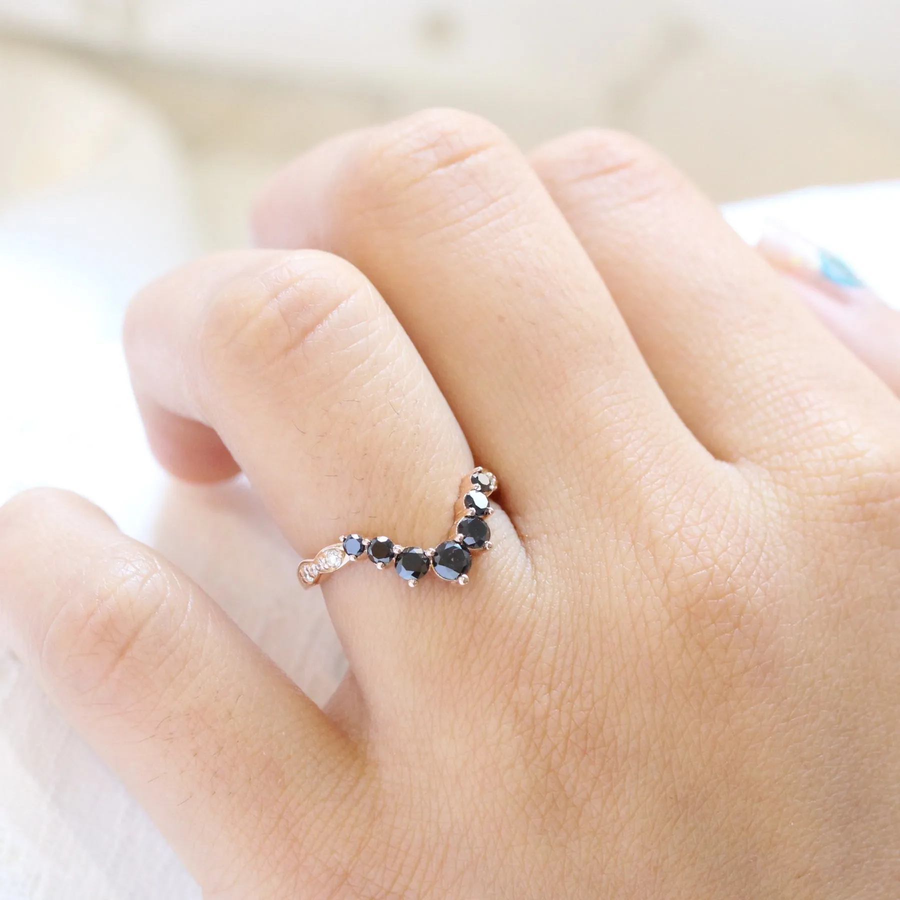 Large 7 Black Diamond Wedding Ring in Deep U Shaped Scalloped Band