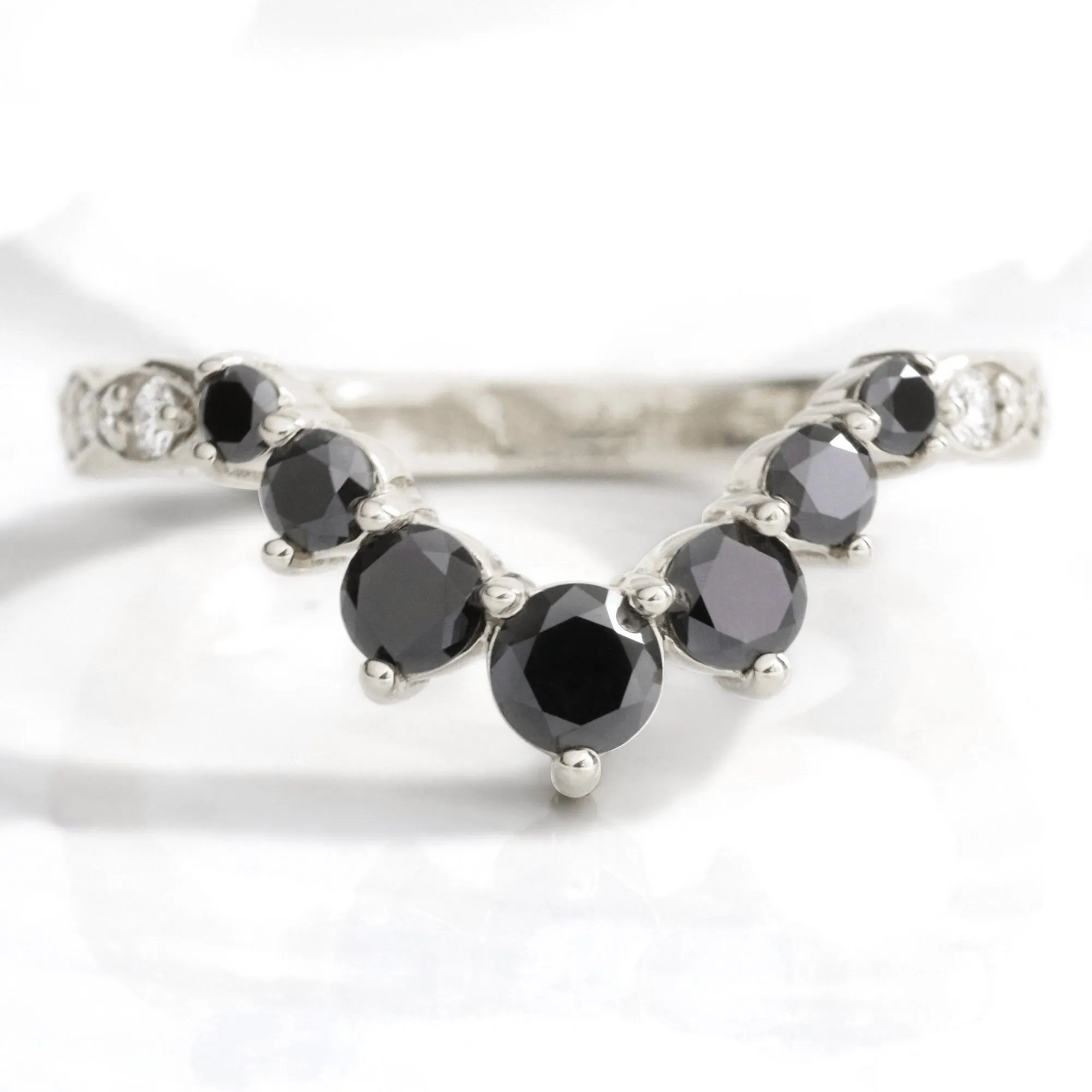 Large 7 Black Diamond Wedding Ring in Deep U Shaped Scalloped Band