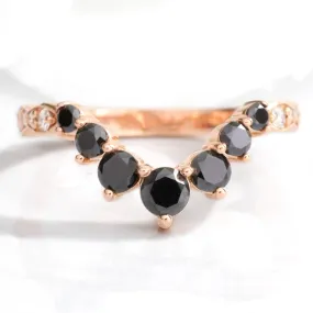 Large 7 Black Diamond Wedding Ring in Deep U Shaped Scalloped Band
