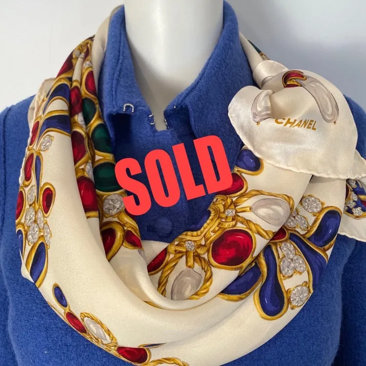 Large Vintage Chanel Jewel Multicolor Print Silk Scarf