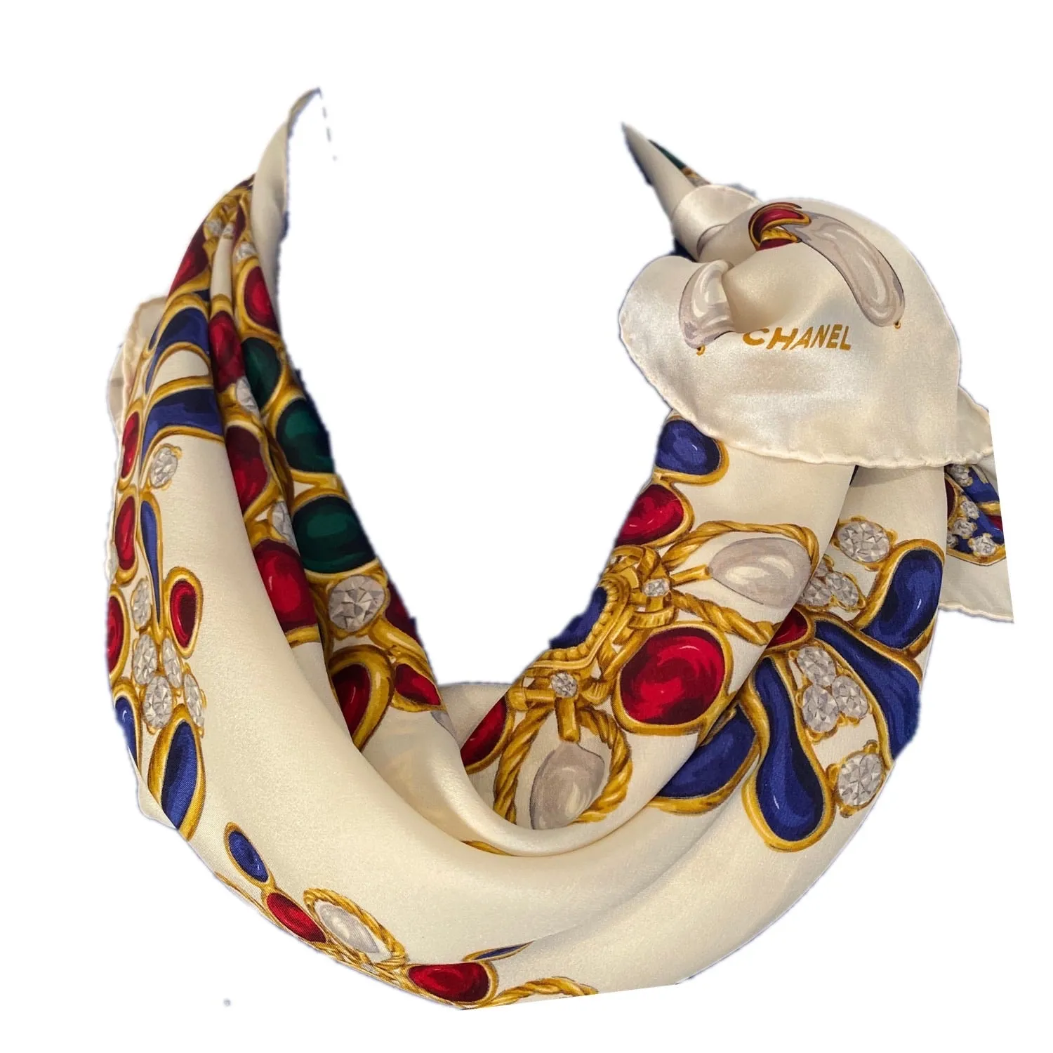 Large Vintage Chanel Jewel Multicolor Print Silk Scarf