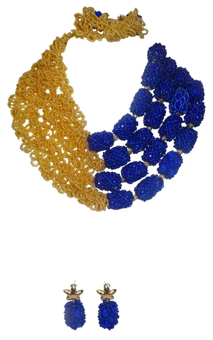 Latest Design Gold and Royal Blue African Nigerian Wedding Beads Design Party Jewellery Set
