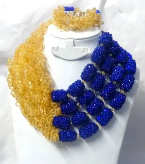 Latest Design Gold and Royal Blue African Nigerian Wedding Beads Design Party Jewellery Set