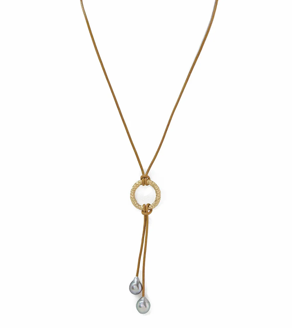 Leather Two Tahitian Pearl Necklace with Coral Design Accent
