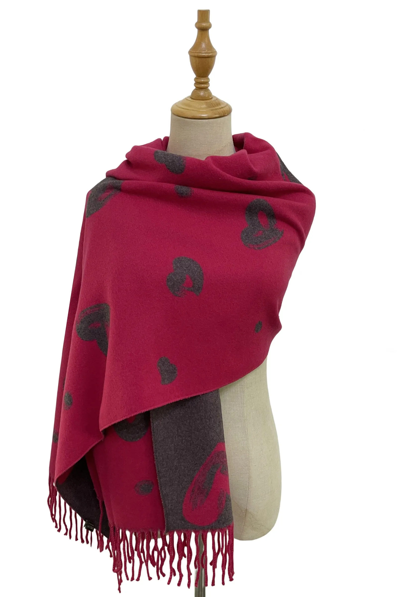 Love Heart Print Reversible Tassel Scarf