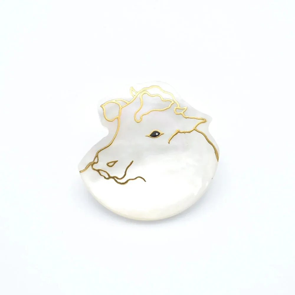 Maki-e Urushi Lacquer Brooch - White South Sea Pearl Shell / Cow -, Traditional Japanese Urushi Lacquer Jewelry
