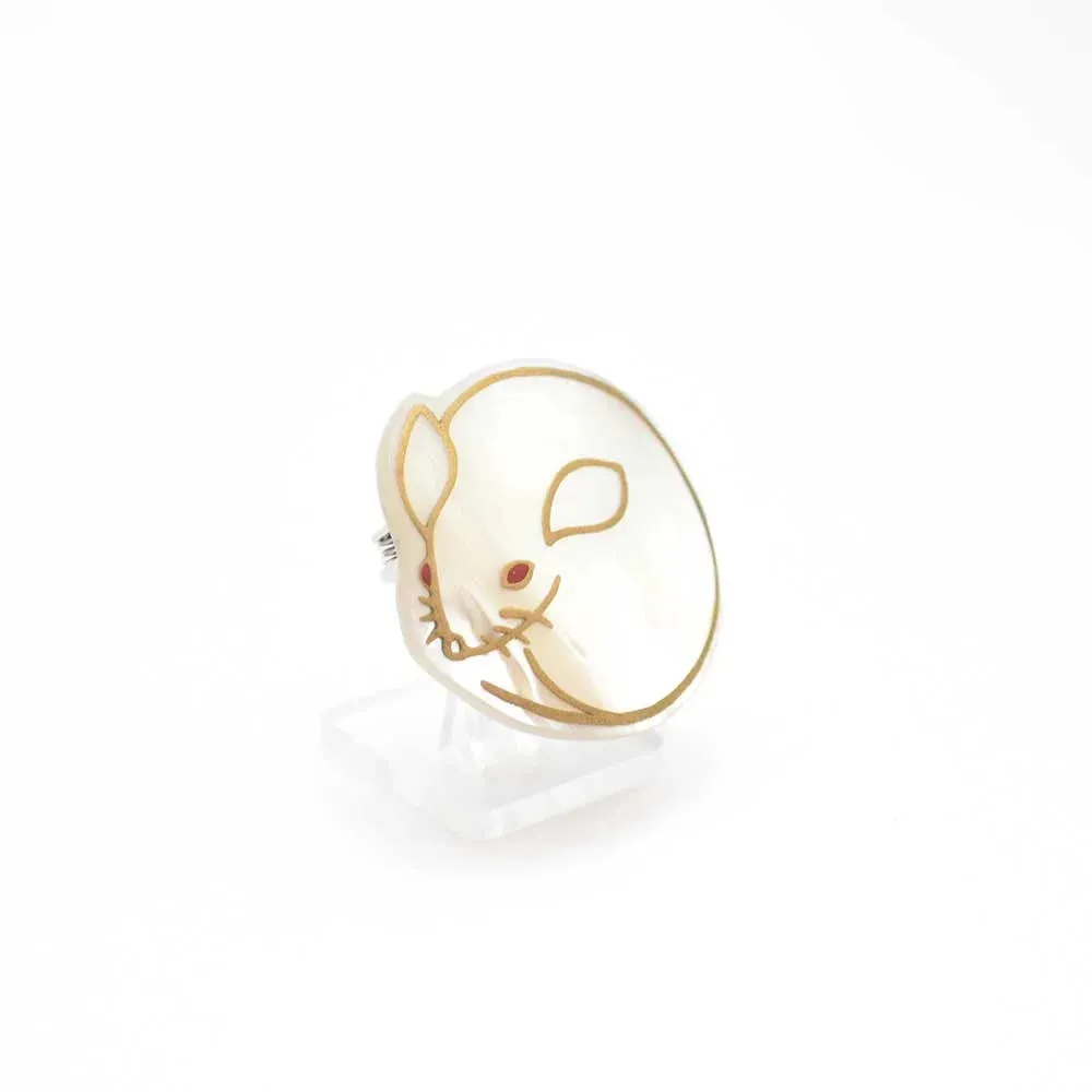 Maki-e Urushi Lacquer Brooch - White South Sea Pearl Shell / Mouse -, Traditional Japanese Urushi Lacquer Jewelry