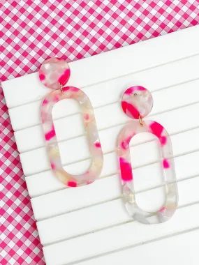 Marbled Acrylic Neon Oval Dangle Earrings - Pink