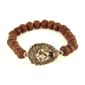 Mens Brown Beaded Elastic Bracelet with Silver Lion Head Charm