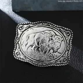 Men's DIY Silver Engraved Buffalo Buckle Leather Belt