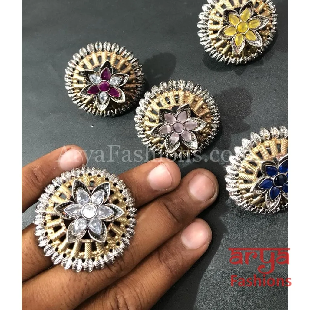Multicolor Stone Dual Tone Oxidized Ring