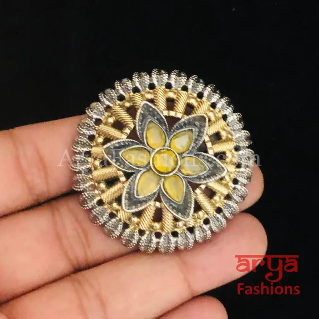 Multicolor Stone Dual Tone Oxidized Ring