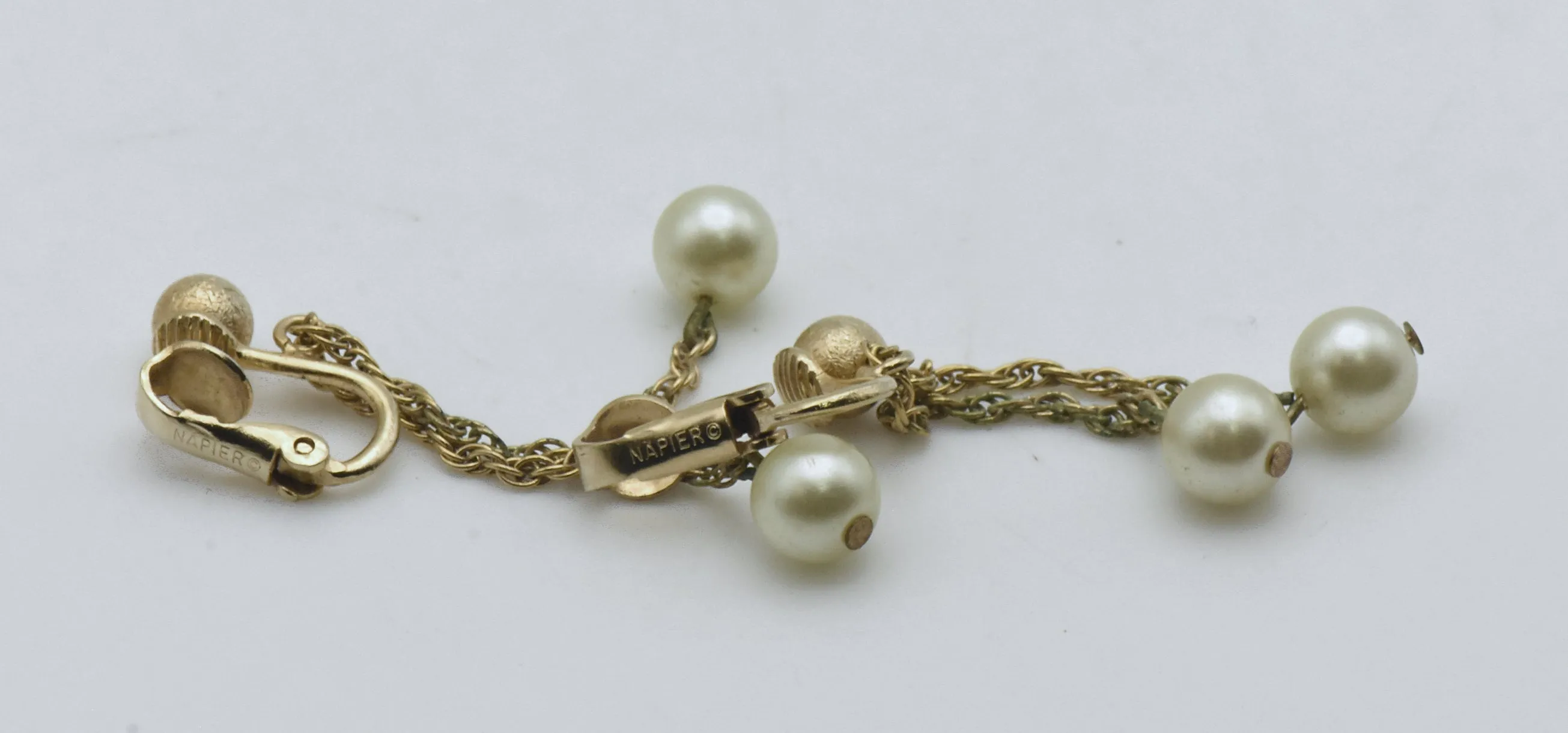 Napier - Vintage Faux Pearl and Gold Tone Clip On Dangle Earrings