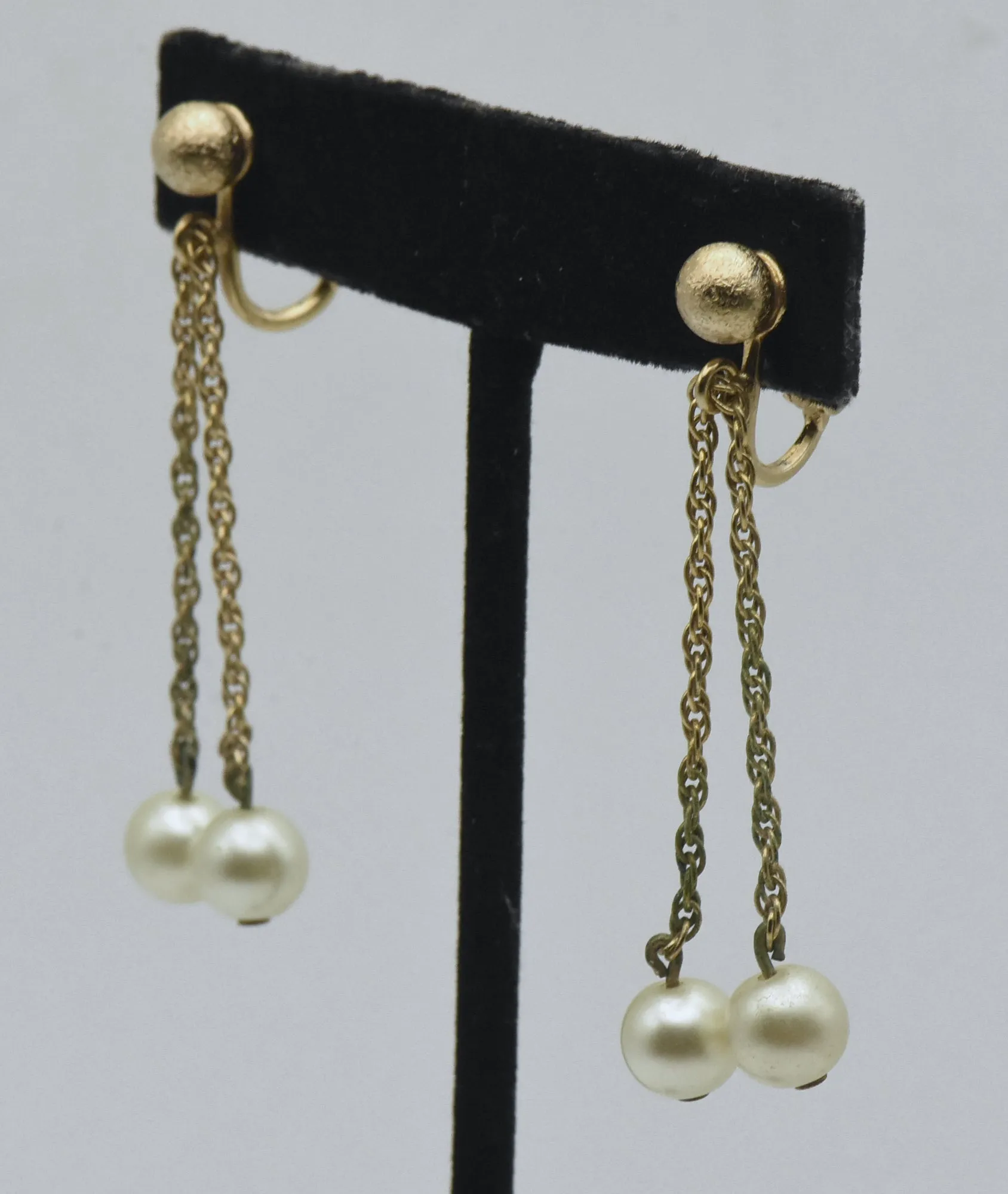Napier - Vintage Faux Pearl and Gold Tone Clip On Dangle Earrings
