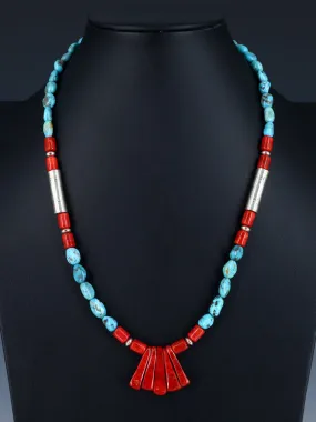Native American Santo Domingo Turquoise and Apple Coral Necklace