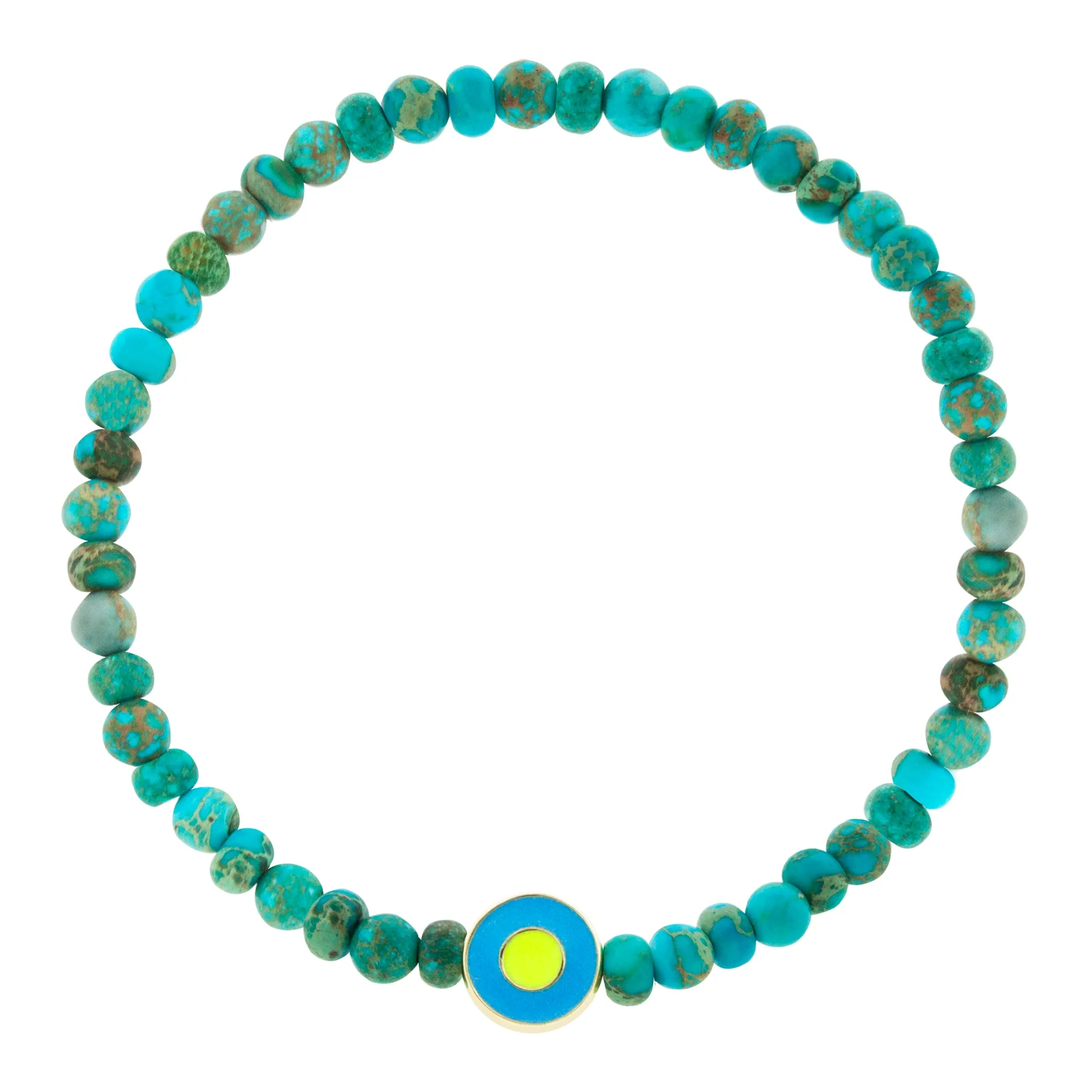 Neon Blue Enameled Evil Eye Disk on Jasper Beaded Bracelet