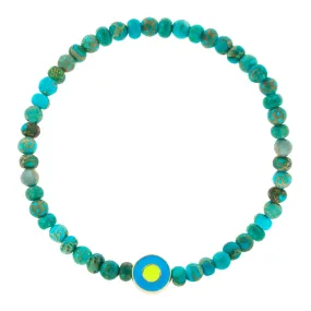 Neon Blue Enameled Evil Eye Disk on Jasper Beaded Bracelet