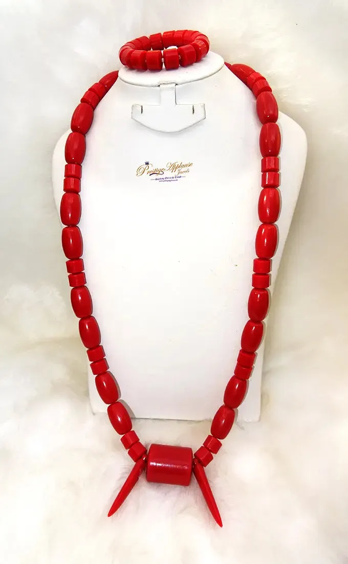 Nigerian Ethnic Arcylic Coral wedding Men Beaded Groom Edo Igbo Red White Necklace Jewellery