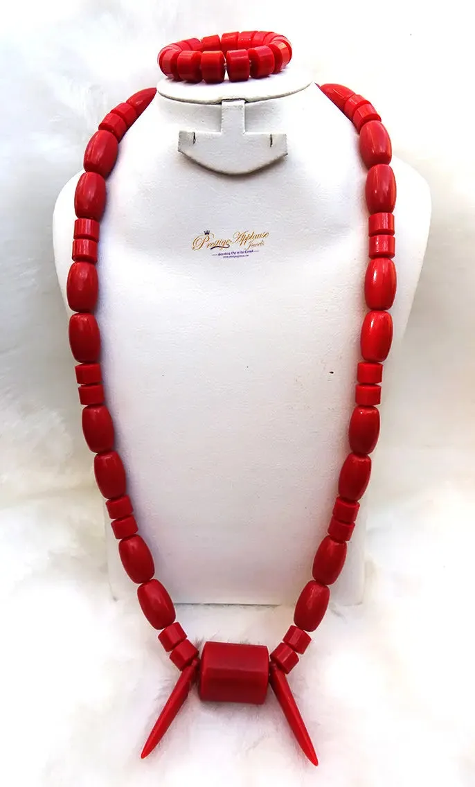 Nigerian Ethnic Arcylic Coral wedding Men Beaded Groom Edo Igbo Red White Necklace Jewellery