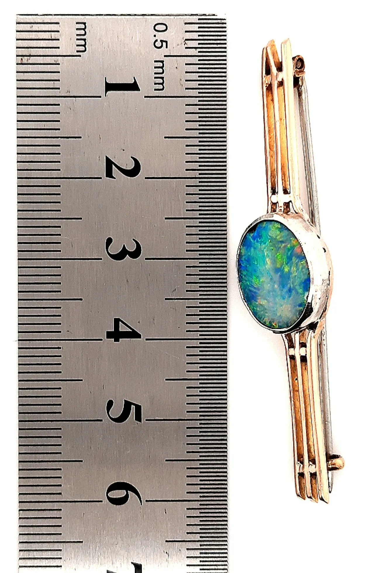 Opal 9ct Yellow & White Gold Three Bar Handmade Brooch