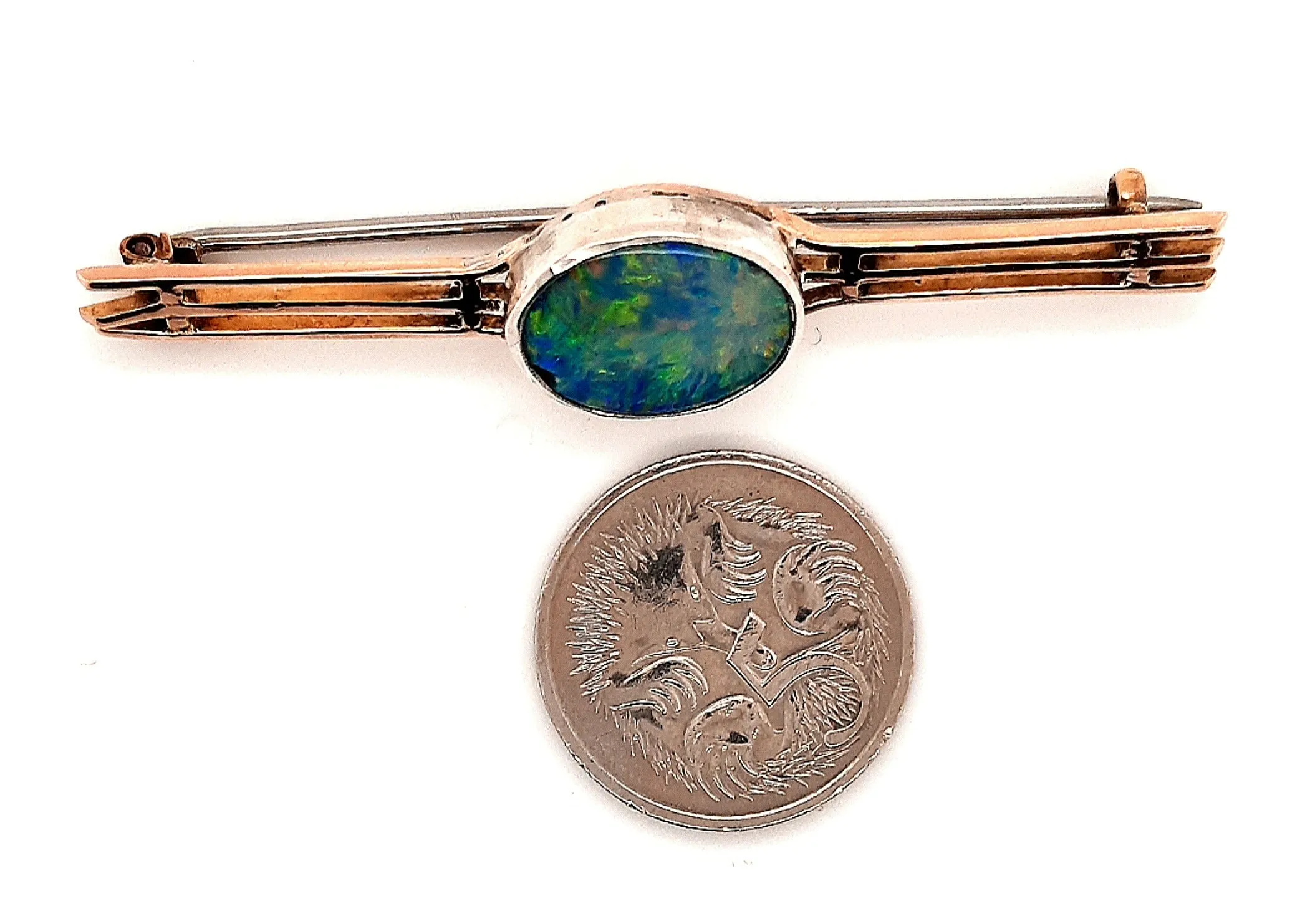 Opal 9ct Yellow & White Gold Three Bar Handmade Brooch