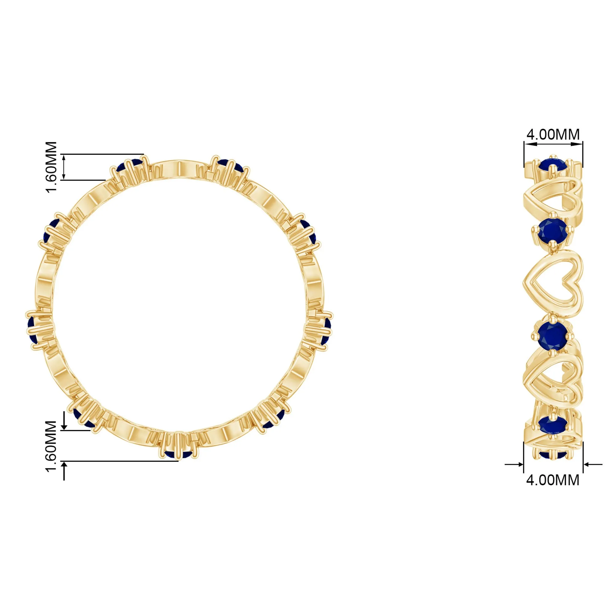 Open Gold Heart Blue Sapphire Band Ring in 2 Prong Setting