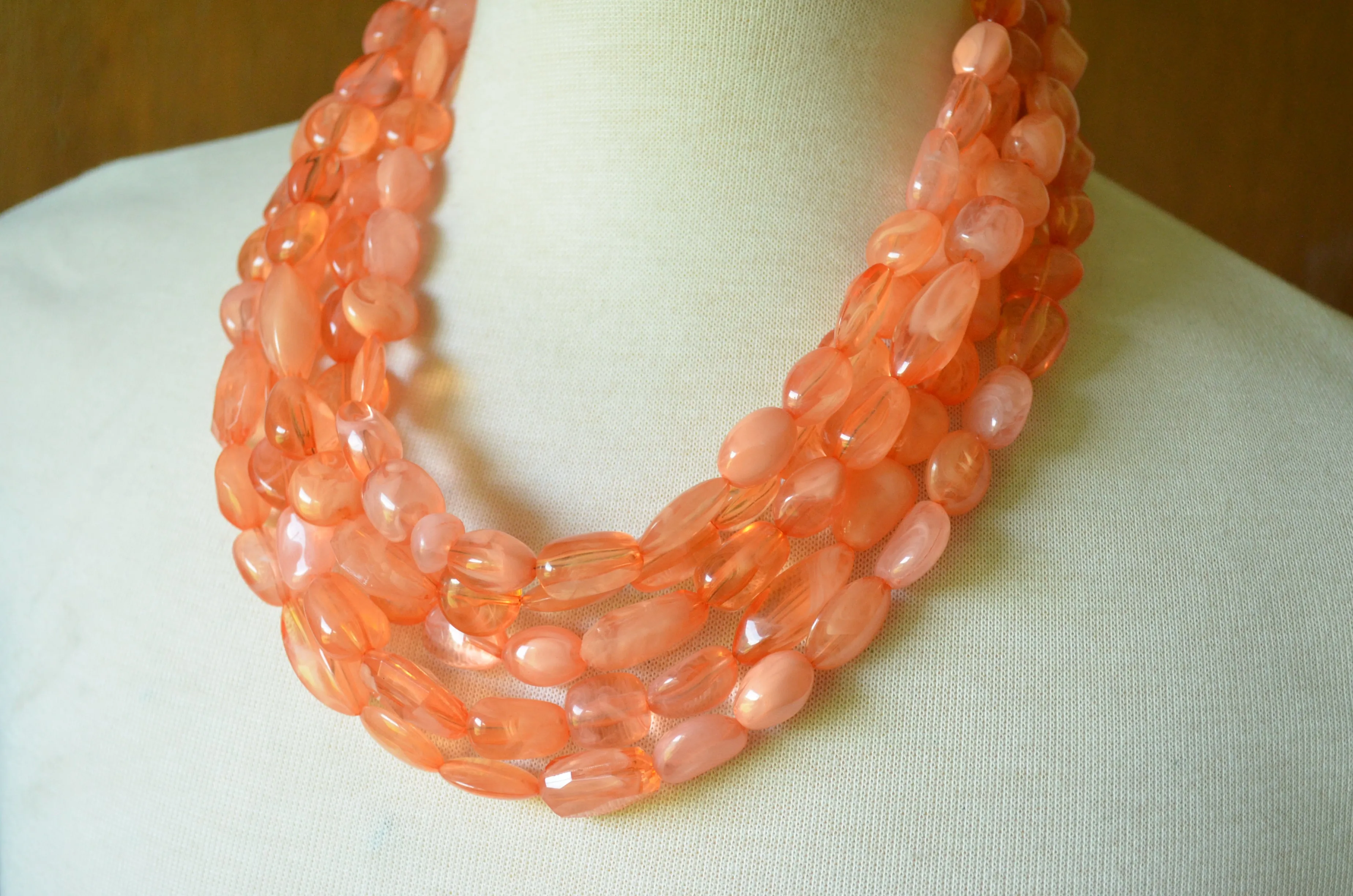 Orange Lucite Bead Acrylic Chunky Multi Strand Statement Necklace - Valerie